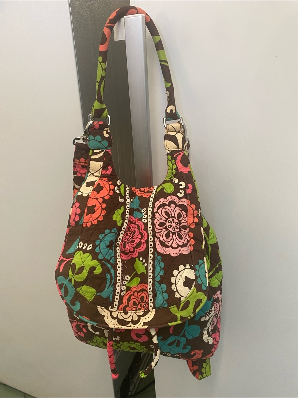 Vera Bradley Lola Floral Hobo Backpack in Brown with Pink & Teal Accents